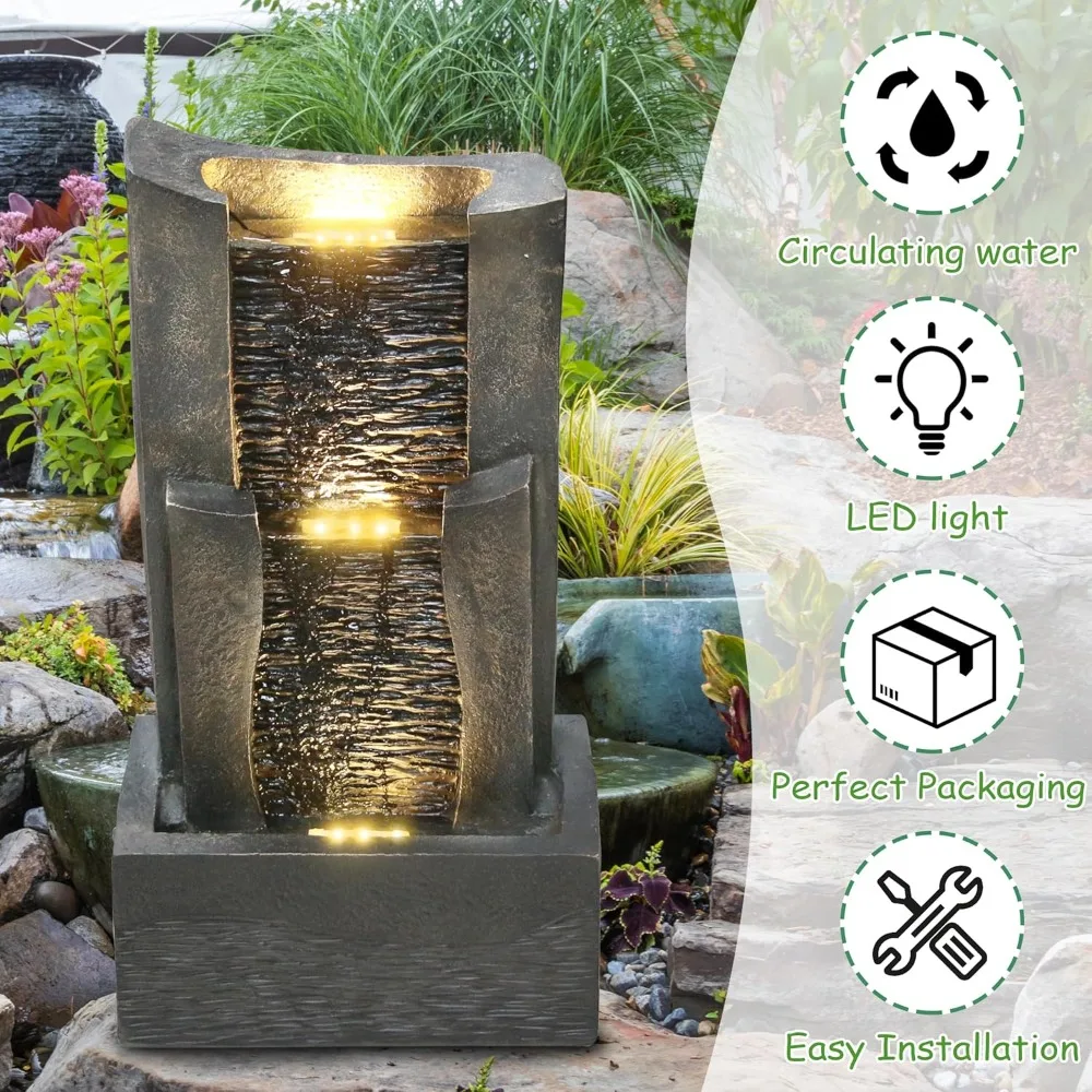 3-Tiers Outdoor Rock Water Fountain with LED Light, Standing Cascading Water Feature, Faux Stone Waterfalls, Customized
3-Tiers Outdoor Rock Water Fountain with LED Light, Standing Cascading Water Feature, Faux Stone Waterfalls, Customized