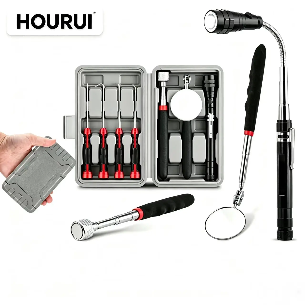 7Pcs Stainless Steel Auto Repair Kit - Magnetic Pickup, LED Light, Flex Shaft Mirror, Oil Seal Hook, O Ring Gasket Remover
7Pcs Stainless Steel Auto Repair Kit - Magnetic Pickup, LED Light, Flex Shaft Mirror, Oil Seal Hook, O Ring Gasket Remover
