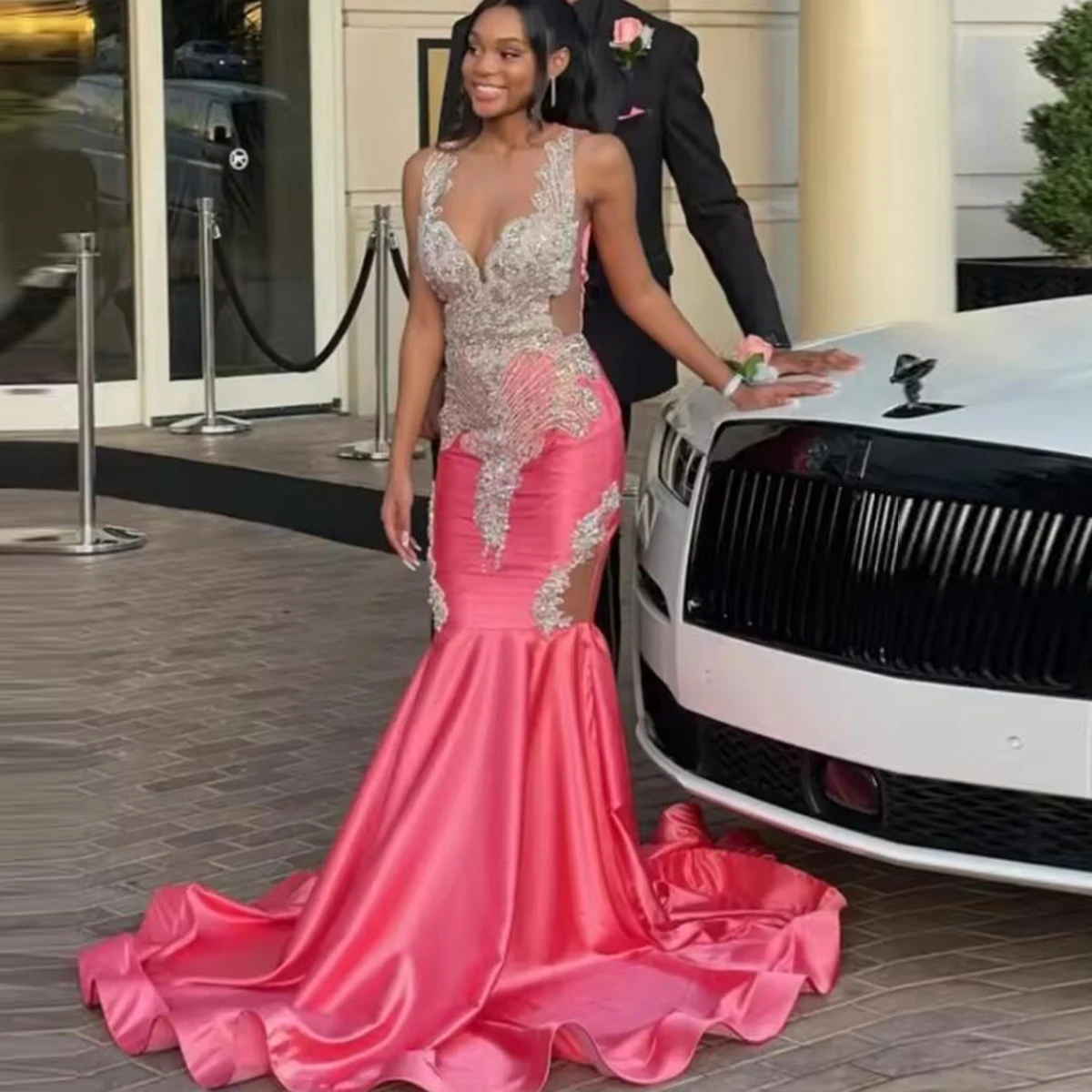 Luxury Pink Satin Mermaid Prom Dresses For Black Girls Customized Silver Rhinestone Beaded Formal Party Gala Robes De Soiree
Luxury Pink Satin Mermaid Prom Dresses For Black Girls Customized Silver Rhinestone Beaded Formal Party Gala Robes De Soiree