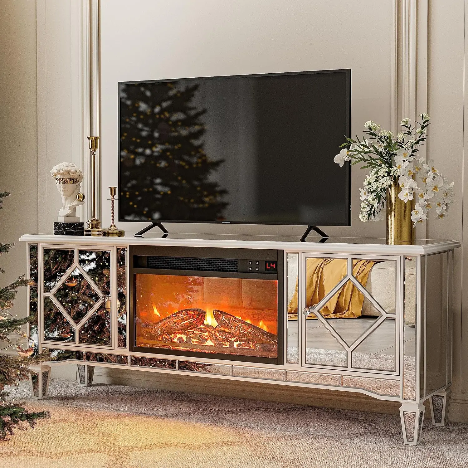 Mirrored TV Stand with Fireplace for 75+ inch TV, Silver Electric Fireplace Entertainment Center w/7 Colors, Customized
Mirrored TV Stand with Fireplace for 75+ inch TV, Silver Electric Fireplace Entertainment Center w/7 Colors, Customized