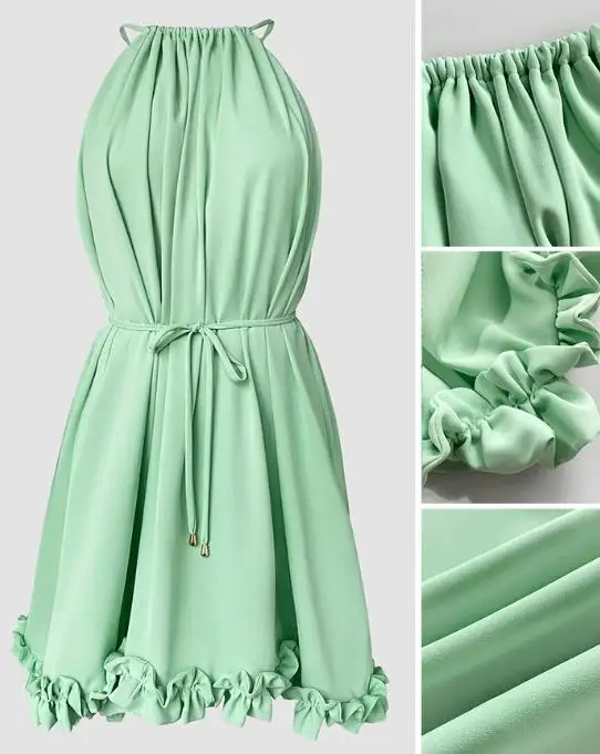 2026 Elegant Halter Tie Sleeveless Cinched Waist Ruffle Trim Party Dress Casual Tie Waist Ruched Vacation Dress Built-In Shorts
2026 Elegant Halter Tie Sleeveless Cinched Waist Ruffle Trim Party Dress Casual Tie Waist Ruched Vacation Dress Built-In Shorts