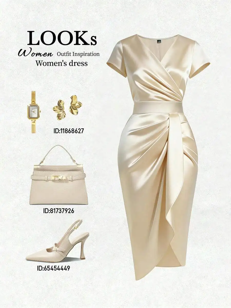 Elegant Satin V-Neck Short Sleeve Ruched Waist Asymmetrical Dress For Women Champagne
Elegant Satin V-Neck Short Sleeve Ruched Waist Asymmetrical Dress For Women Champagne
