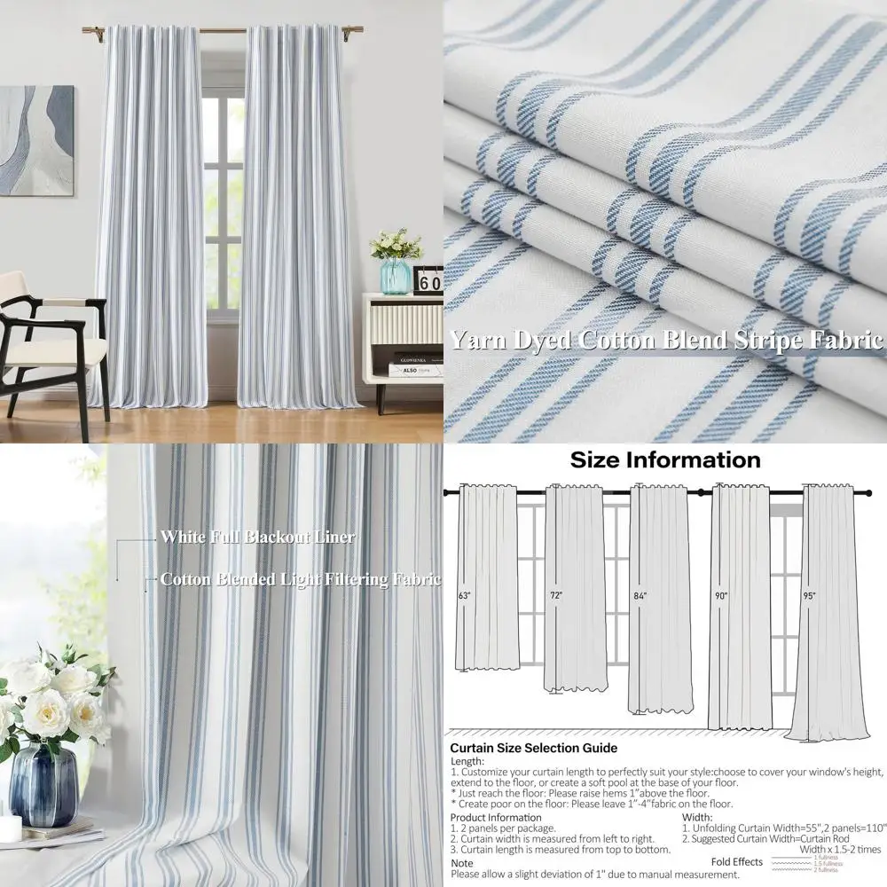 95 Long Blackout Curtains with Blue Stripes on White Cotton Blend, Darkening Liner, Back Tab Rod Pocket, 55 W x 95 L (Set of 2)
95 Long Blackout Curtains with Blue Stripes on White Cotton Blend, Darkening Liner, Back Tab Rod Pocket, 55 W x 95 L (Set of 2)