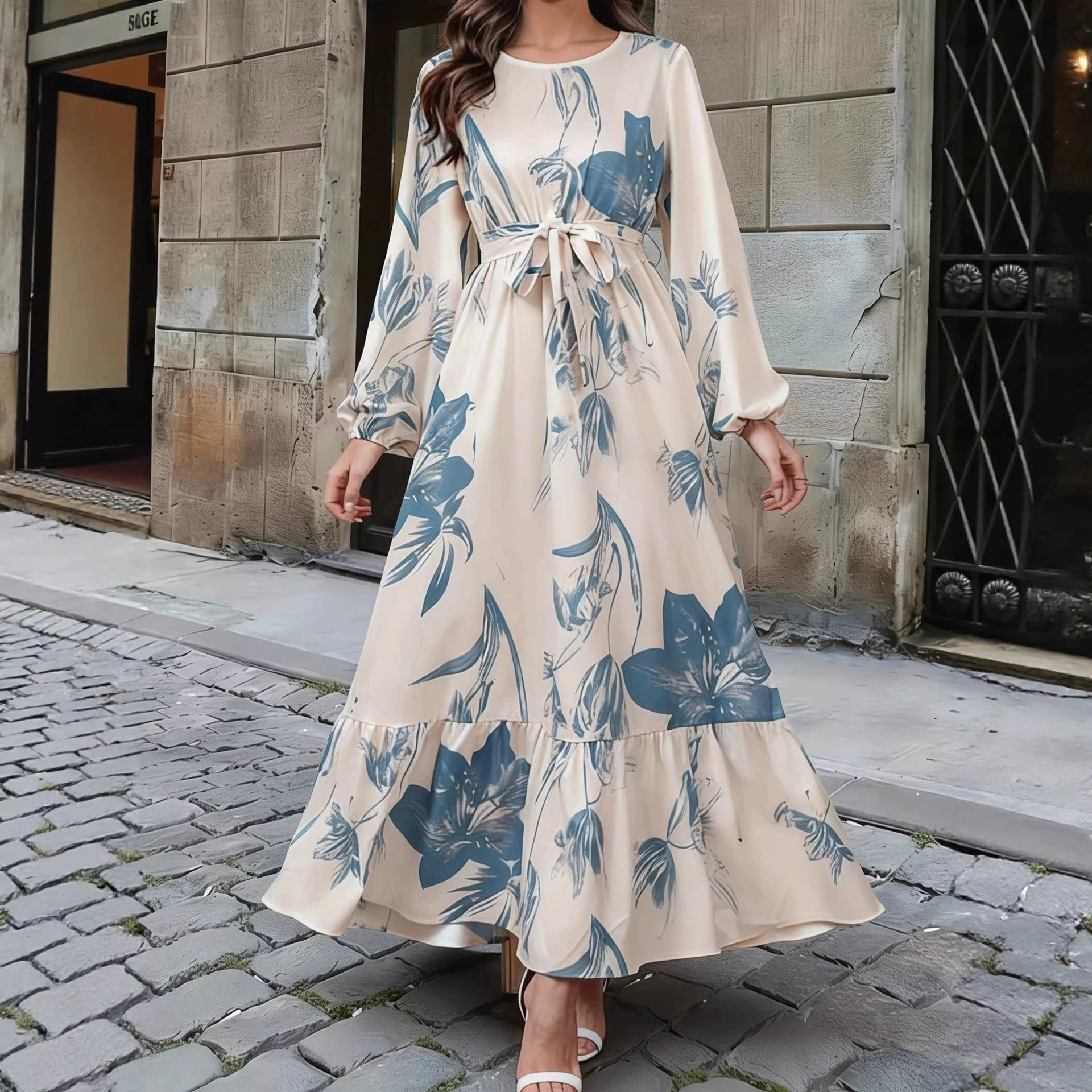An Elegant Long-sleeved Dress For Middle Eastern Ladies With Random Floral Prints And Lantern Sleeves
An Elegant Long-sleeved Dress For Middle Eastern Ladies With Random Floral Prints And Lantern Sleeves