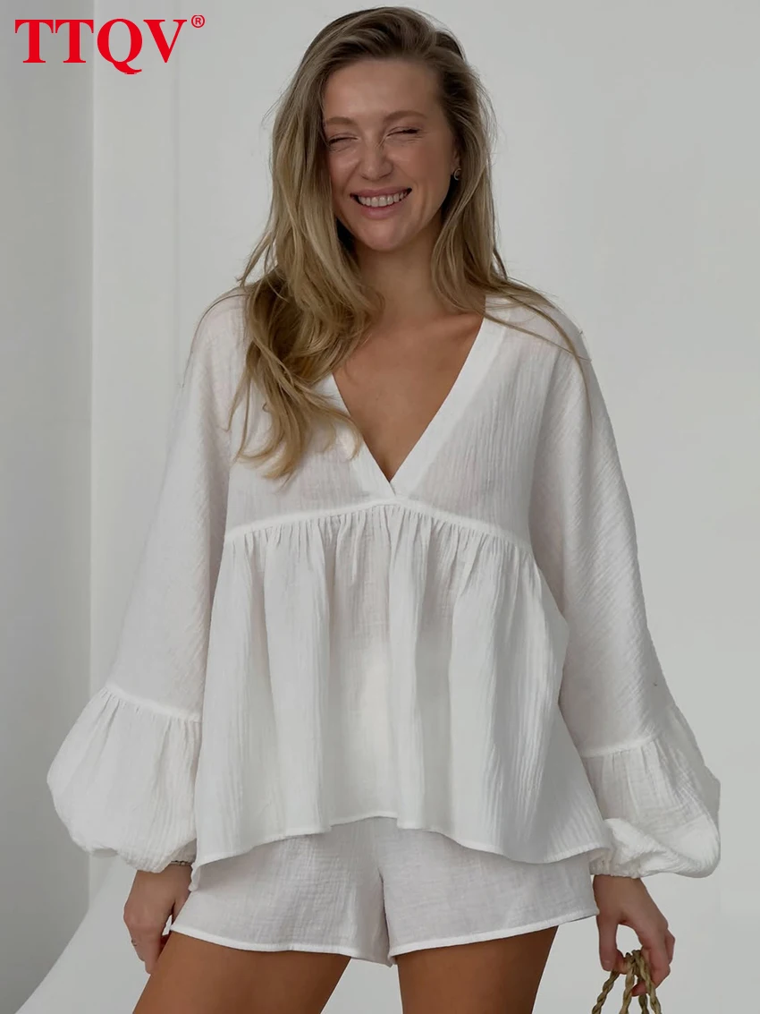TTQV Fashion Loose White Shorts Sets Woman 2 Pieces 2026 Elegant Long Sleeve Shirt With High Waist Shorts Set Female Clothing
TTQV Fashion Loose White Shorts Sets Woman 2 Pieces 2026 Elegant Long Sleeve Shirt With High Waist Shorts Set Female Clothing