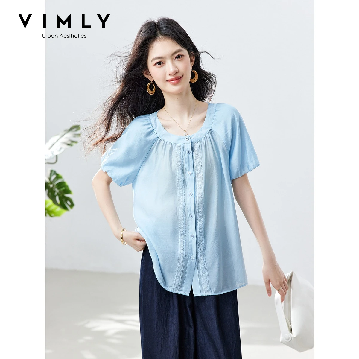 VIMLY Women's Gentle Light Blue Shirt Summer 2026 New Splicing Hollow Lace Puff Short Sleeve Top Ladies Simple Daily Wear 30881
VIMLY Women's Gentle Light Blue Shirt Summer 2026 New Splicing Hollow Lace Puff Short Sleeve Top Ladies Simple Daily Wear 30881