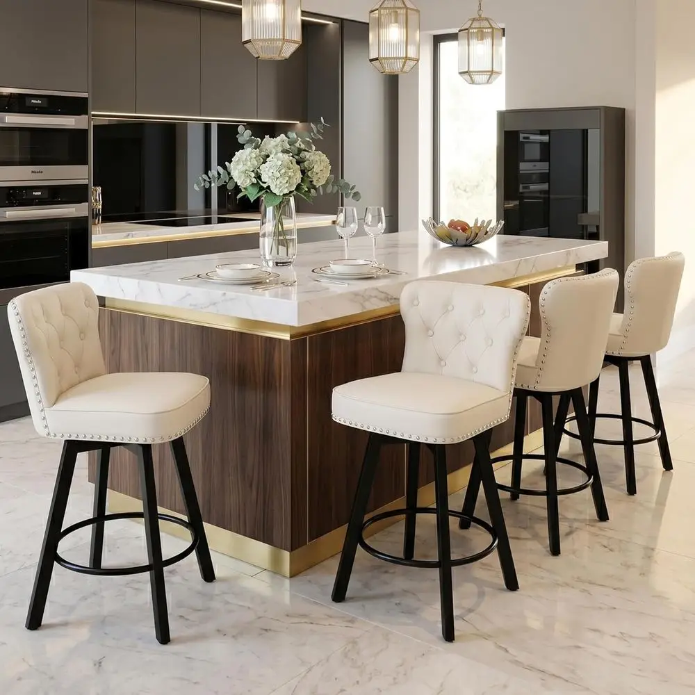 Set of 4 26 Swivel Bar Stools with Metal Base, High Back and Thick Cushion, Beige
Set of 4 26 Swivel Bar Stools with Metal Base, High Back and Thick Cushion, Beige