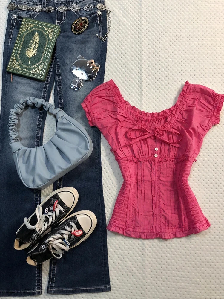 Princess Style Retro Slim Fit Shirt Women's Short Sleeve V-Neck Pleated Cotton Top for Summer Fashion Casual Wear
Princess Style Retro Slim Fit Shirt Women's Short Sleeve V-Neck Pleated Cotton Top for Summer Fashion Casual Wear