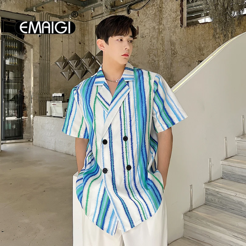 Korean Fashion Net Celebrity Shirt Men Suit Style Short Sleeve Shoulder Pad Double Breasted Loose Casual Blue Stripe Shirts Male
Korean Fashion Net Celebrity Shirt Men Suit Style Short Sleeve Shoulder Pad Double Breasted Loose Casual Blue Stripe Shirts Male