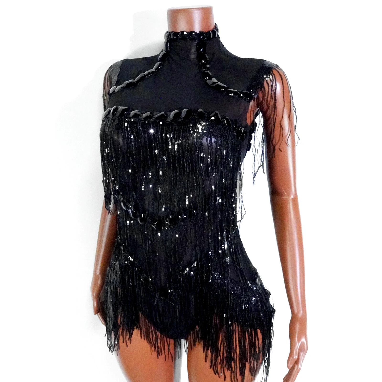 Black sequined tassel lace mesh see-through stage performance one-piece dress for ladies with shiny rhinestones. Dance costumes
Black sequined tassel lace mesh see-through stage performance one-piece dress for ladies with shiny rhinestones. Dance costumes
