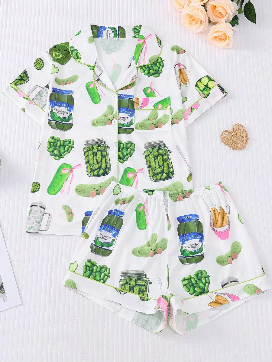 Women's 2-Piece Pajama Set with Pickle & Snack Print, Short Sleeve Button Top + Stretch Shorts
Women's 2-Piece Pajama Set with Pickle & Snack Print, Short Sleeve Button Top + Stretch Shorts