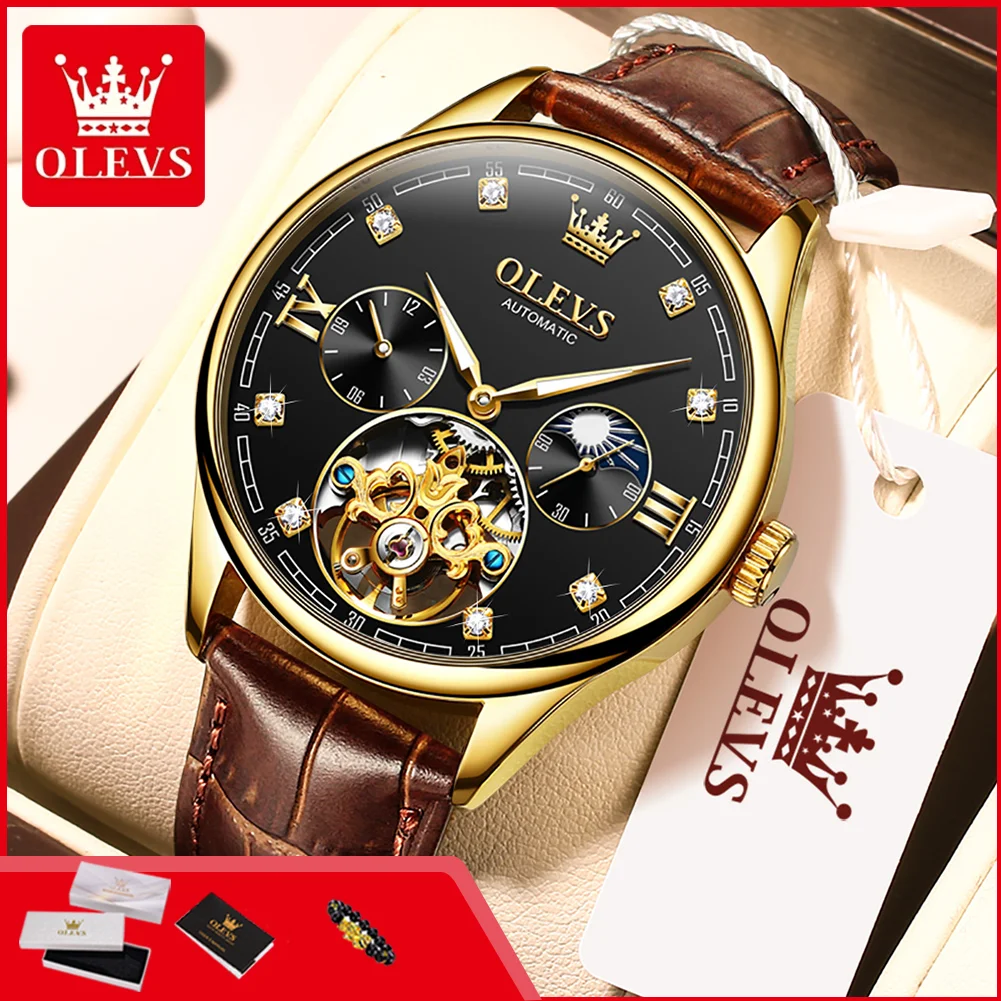 OLEVS 3601 Hollowed Flywheel Mens Automatic Mechanical Watch Waterproof Luminous Moon Phase Leather Strap Wristwatch for Man
OLEVS 3601 Hollowed Flywheel Mens Automatic Mechanical Watch Waterproof Luminous Moon Phase Leather Strap Wristwatch for Man