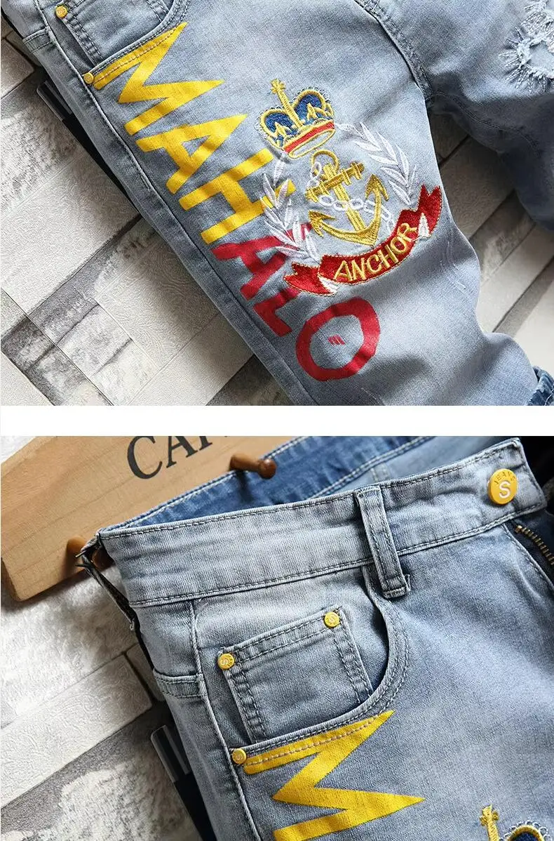 New Summer Men Light Blue Ripped Denim Shorts Quality Male Straight Fit Personalized Short Jeans Man Elastic Knee Length Jeans
New Summer Men Light Blue Ripped Denim Shorts Quality Male Straight Fit Personalized Short Jeans Man Elastic Knee Length Jeans