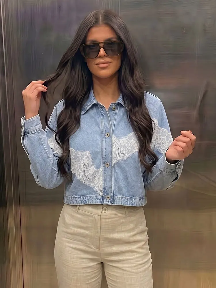 Womens Trendy Lace Trim Denim Jacket Long Sleeve Outwear Weekend Party Summer Festival Casual Beach Vacation Loose Coat
Womens Trendy Lace Trim Denim Jacket Long Sleeve Outwear Weekend Party Summer Festival Casual Beach Vacation Loose Coat