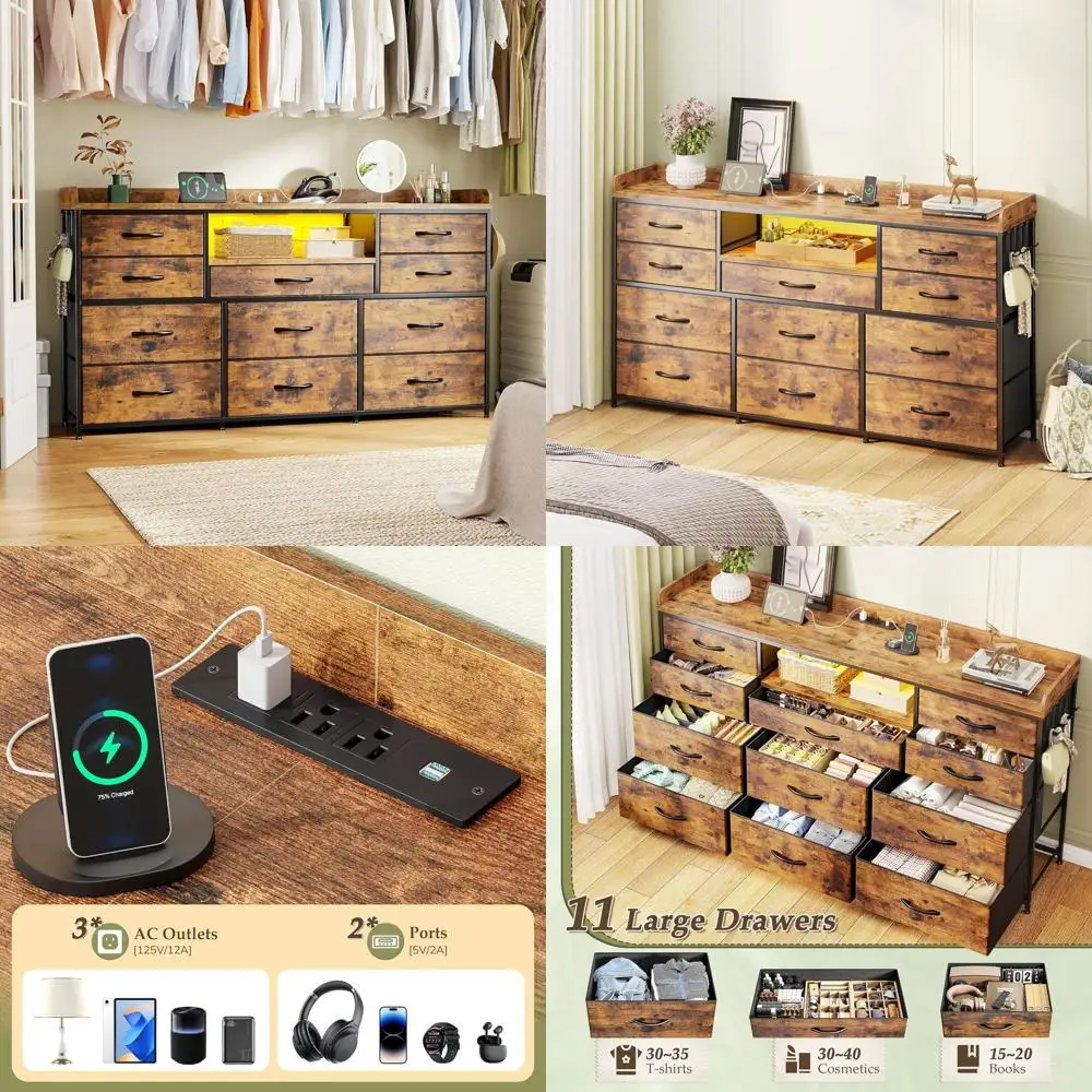 Bedroom LED-lit 4-Hook Dresser with Charging Station and 11 Drawers, Rustic Brown
Bedroom LED-lit 4-Hook Dresser with Charging Station and 11 Drawers, Rustic Brown