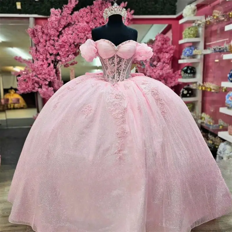 Customized Pink Appliques Quinceanera Dresses Ball Gown Tiered Ruffles Party Dress Crystal Off The Shoulder Bow Special
Customized Pink Appliques Quinceanera Dresses Ball Gown Tiered Ruffles Party Dress Crystal Off The Shoulder Bow Special