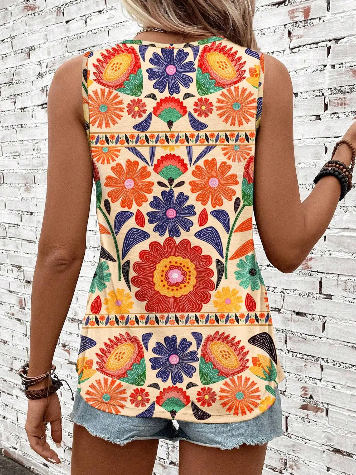 Women's Floral Print Vest, Round Neck Sleeveless Design, Casual Summer for Daily Wear, Loose-Fitting Boho Style 14 S235a934e305244fe9b4984371d8f985ao