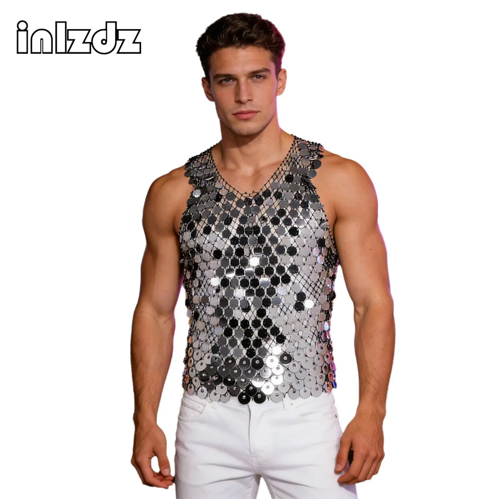 Mens Rhinestone Fishnet Tank Top Dancewear Front Sequin Sleeveless See Through Vest Cover-up Top for Club Rock Music Festival
Mens Rhinestone Fishnet Tank Top Dancewear Front Sequin Sleeveless See Through Vest Cover-up Top for Club Rock Music Festival