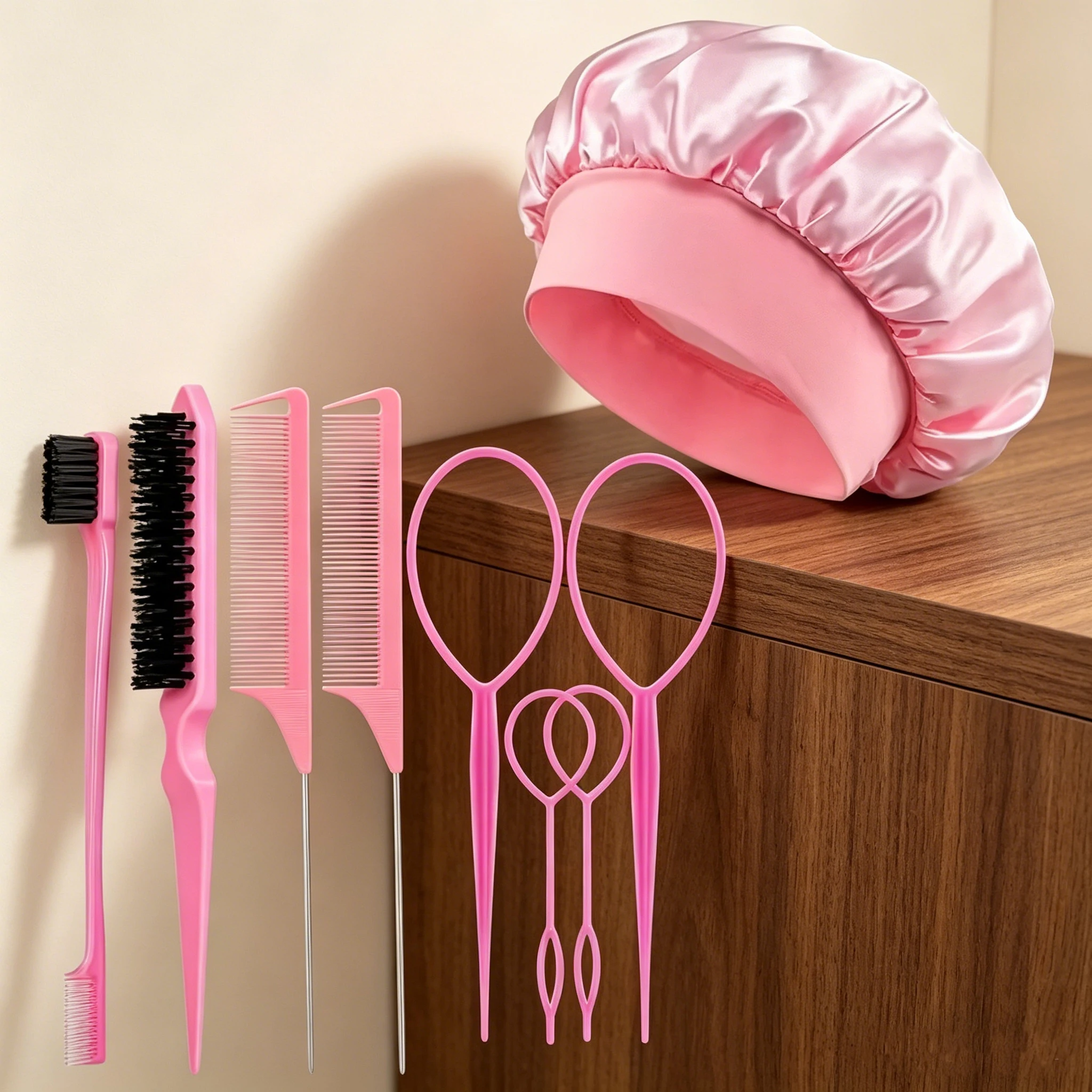 Styling set with pointed tail comb, hair brush, edge control brush, shower cap, and ponytail tool, special for real hair wigs
Styling set with pointed tail comb, hair brush, edge control brush, shower cap, and ponytail tool, special for real hair wigs