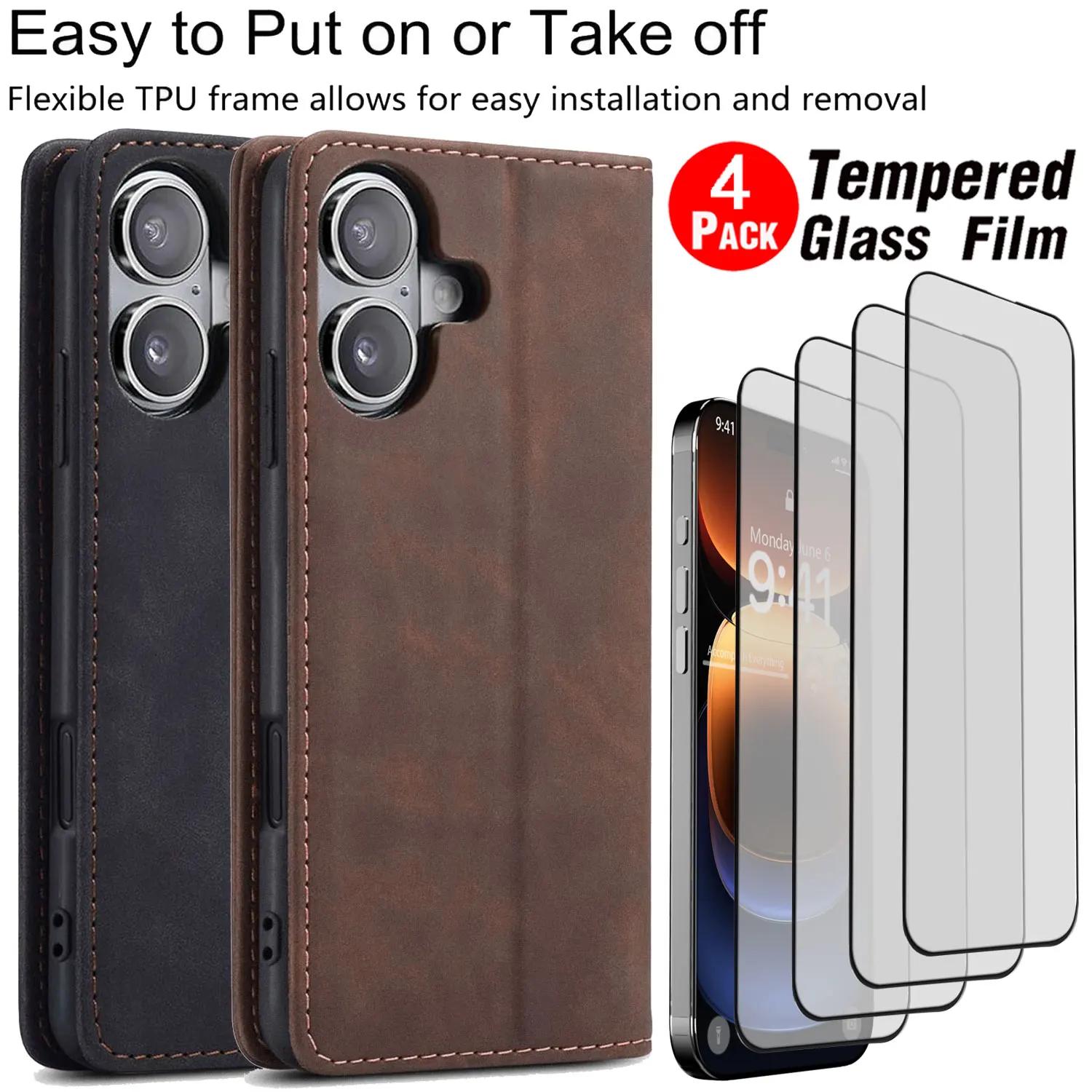 Для iPhone 16/16 Pro/16 Pro Max/16 Plus/16e чехол-кошелек из искусственной кожи с откидной крышкой + 4 шт., прозрачное закаленное стекло, защитная пленка для экрана
Для iPhone 16/16 Pro/16 Pro Max/16 Plus/16e чехол-кошелек из искусственной кожи с откидной крышкой + 4 шт., прозрачное закаленное стекло, защитная пленка для экрана