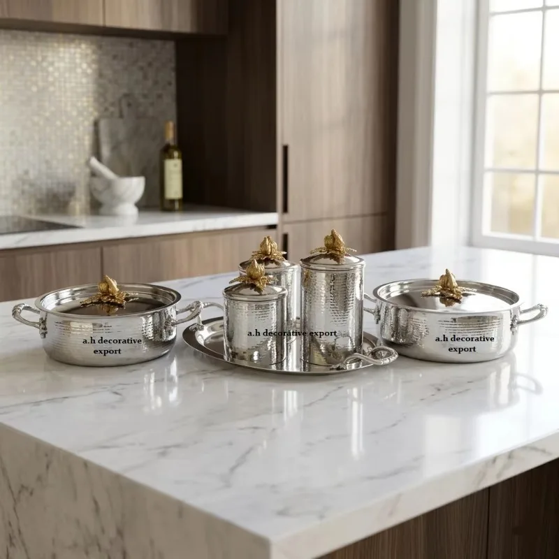 Handcrafted Silver Hammer Kitchen Storage Jar and Casserole Set with Gold Plated Pumpkin Knob, Premium Royal Cutlery Gift Set
Handcrafted Silver Hammer Kitchen Storage Jar and Casserole Set with Gold Plated Pumpkin Knob, Premium Royal Cutlery Gift Set