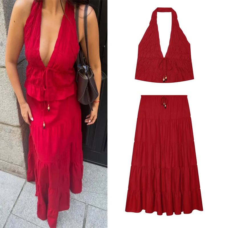 Women's Halter Top & Tiered Skirt Set - Solid Color Pleated Design, Summer Boho Style, 2026 New
Women's Halter Top & Tiered Skirt Set - Solid Color Pleated Design, Summer Boho Style, 2026 New