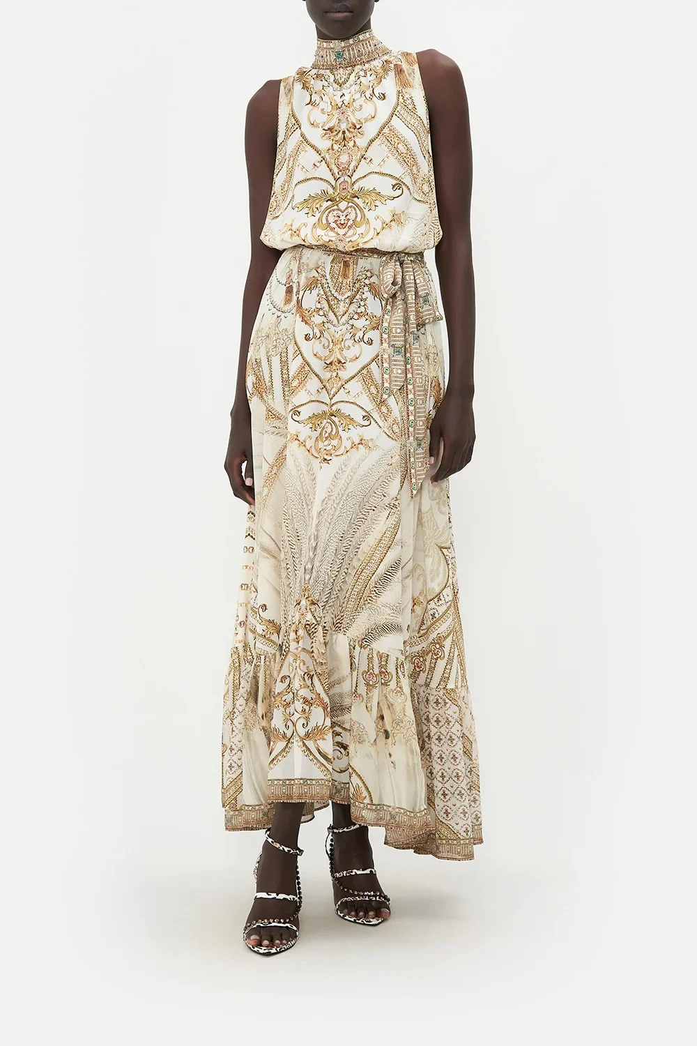 Women Flower Printed Stand Collar Back Lace-up Beaded Sleeveless 100% Silk Maxi Dress
Women Flower Printed Stand Collar Back Lace-up Beaded Sleeveless 100% Silk Maxi Dress