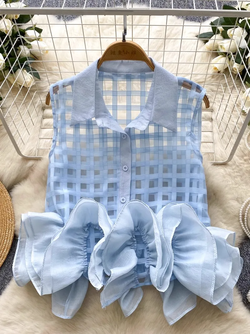 Blusas Mujer New 3D Ruffles Hem Hollow Out Shirts & Blouses Lapel Neck Sleeveless Women Clothing Camisas 2025 Shirt
Blusas Mujer New 3D Ruffles Hem Hollow Out Shirts & Blouses Lapel Neck Sleeveless Women Clothing Camisas 2025 Shirt
