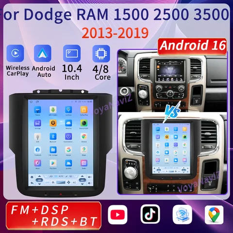Android 16 10.4" Touchscreen Carplay For Dodge RAM 1500 2500 3500 2013-2019 Car Radio Multimedia Player BT5.0 GPS Navigation 4G
