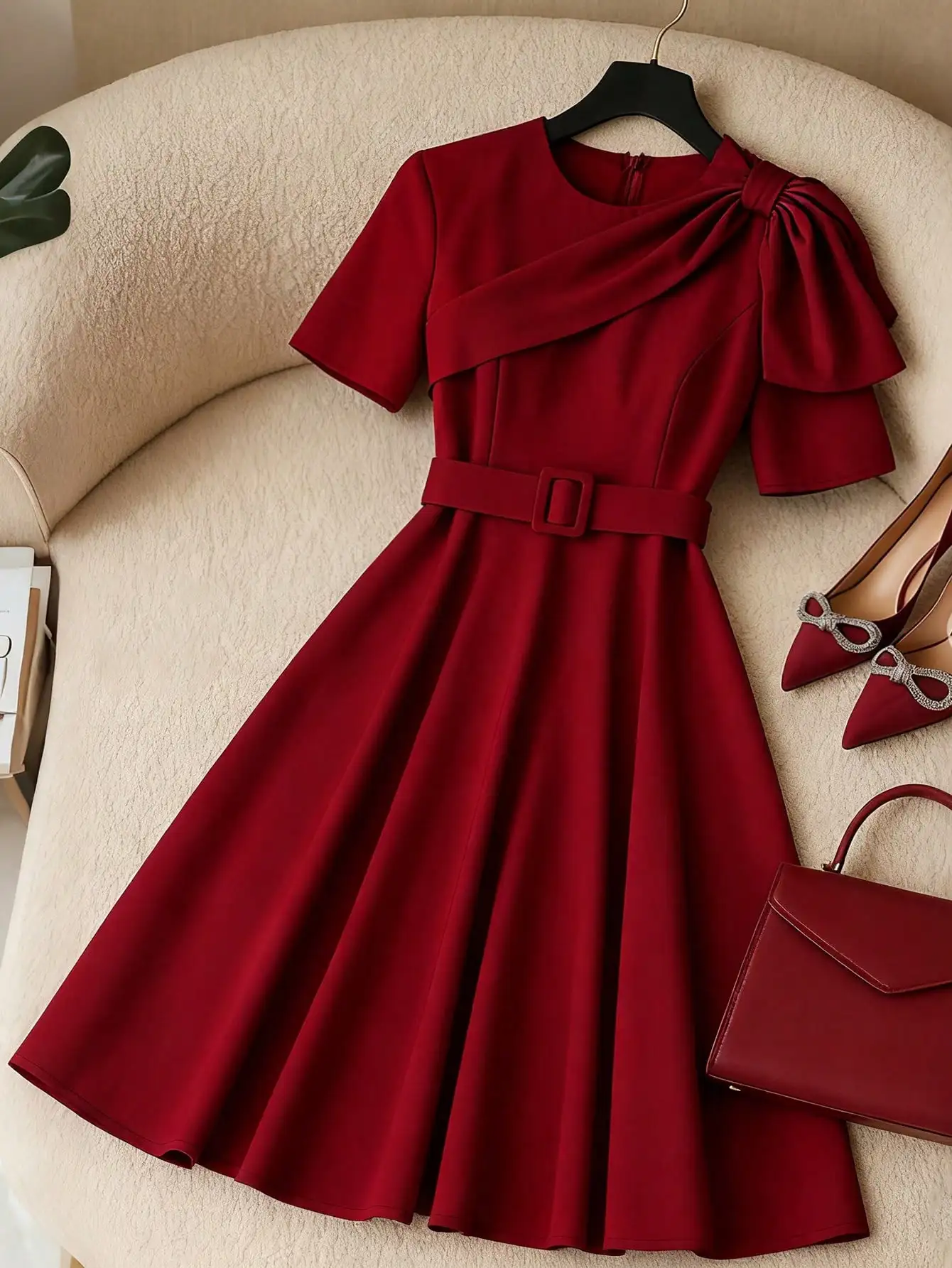 Wine Red Short Sleeve A-Line Dress With Belt And Ruffle Detail
Wine Red Short Sleeve A-Line Dress With Belt And Ruffle Detail