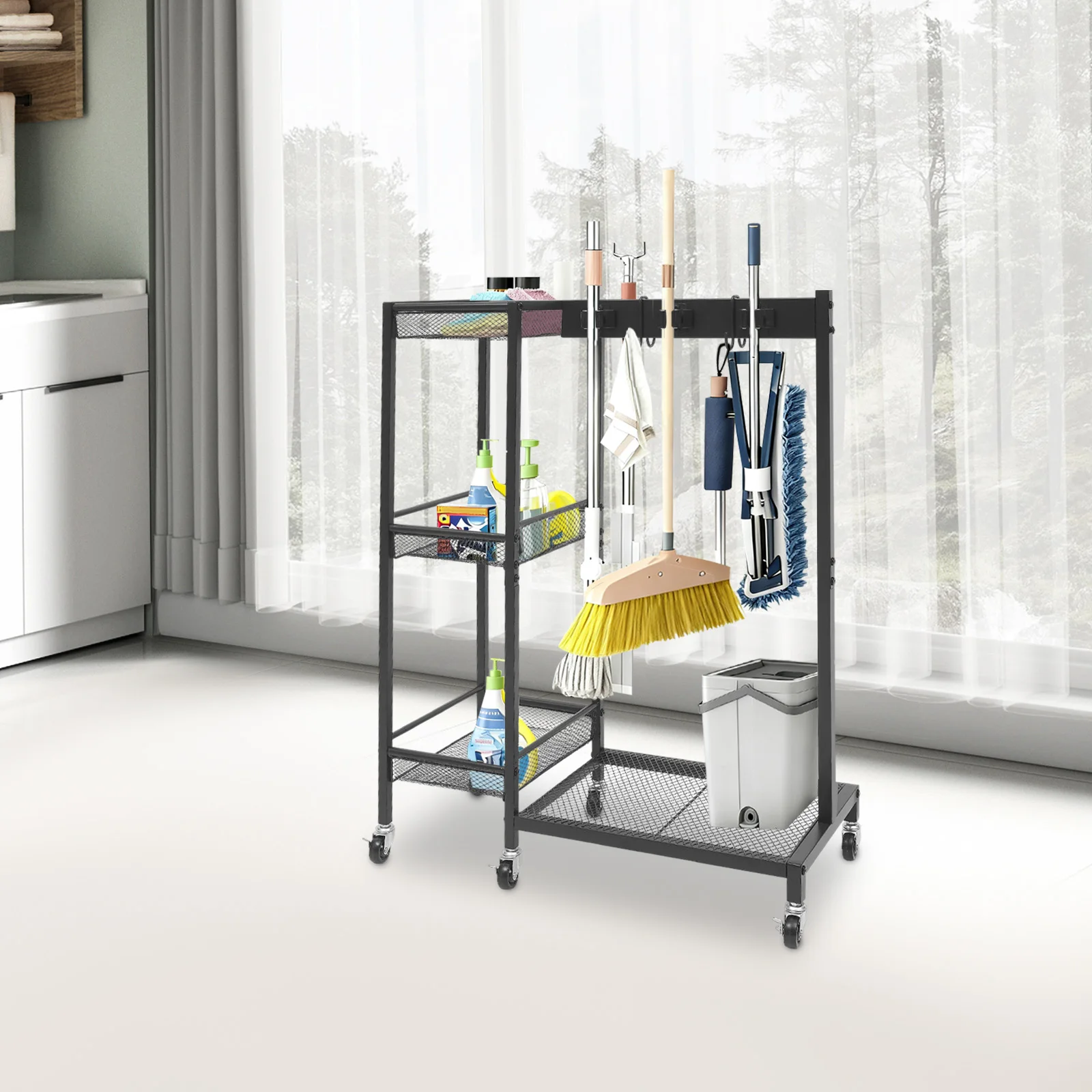 Cleaning Tool Rack, Mobile Cleaning Trolley with Broom and Mop Holder, Carbon Steel Storage Cart with 6 Silent Wheels for Home Garage Kitchen Office
Cleaning Tool Rack, Mobile Cleaning Trolley with Broom and Mop Holder, Carbon Steel Storage Cart with 6 Silent Wheels for Home Garage Kitchen Office