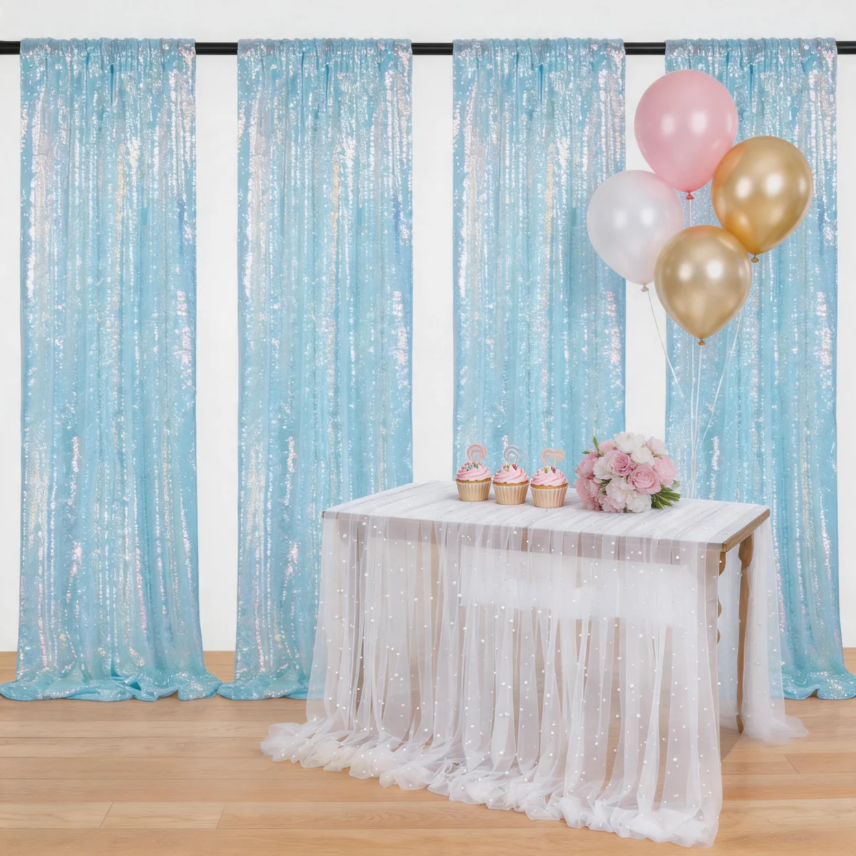 8 Panels 2ft x 8ft Iridescent Aqua Sequin Backdrop Curtains + 1 Pack 60x120 Inch White Pearl Tulle Tablecloth Set Glitter Photog
8 Panels 2ft x 8ft Iridescent Aqua Sequin Backdrop Curtains + 1 Pack 60x120 Inch White Pearl Tulle Tablecloth Set Glitter Photog