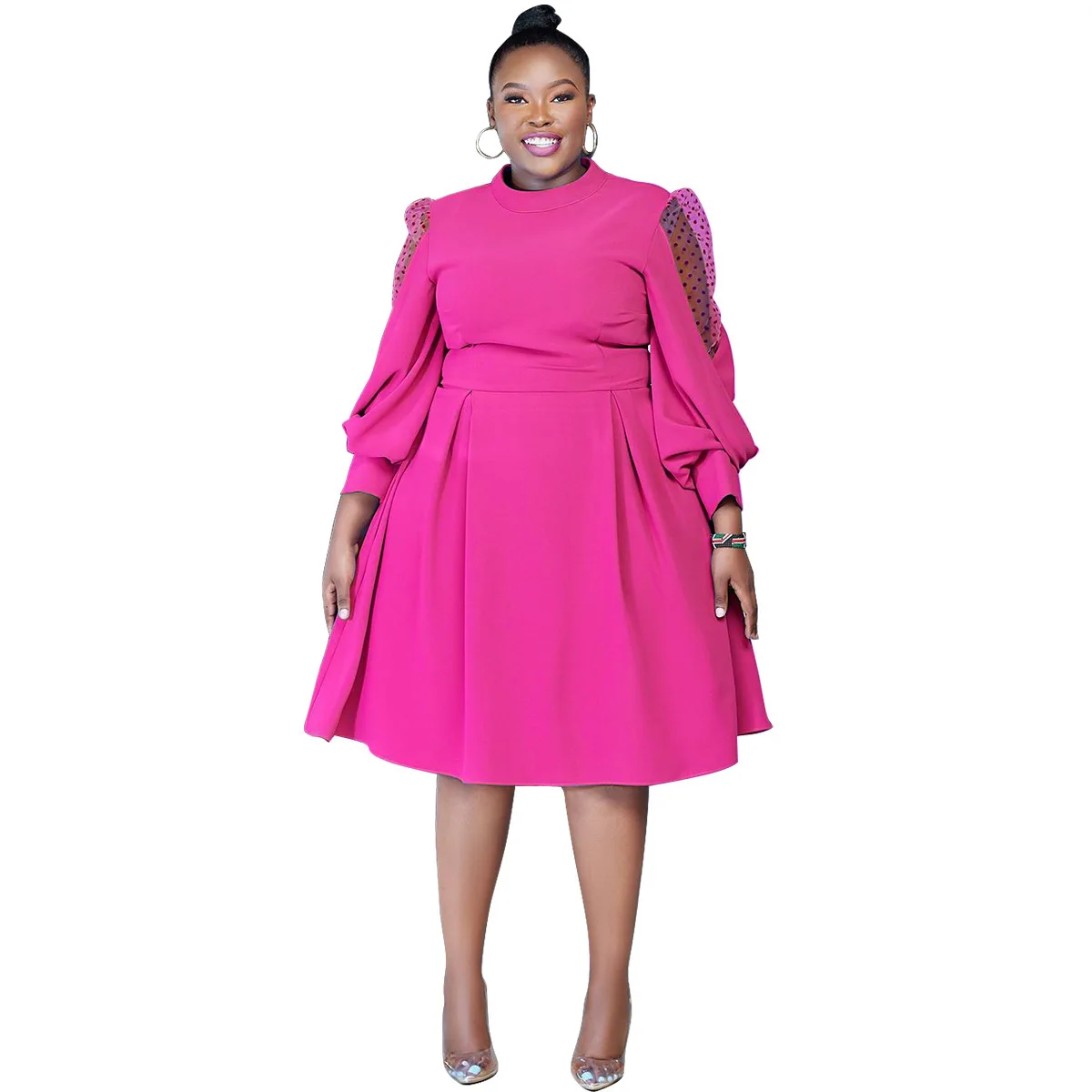 New autumn models, polka dot mesh perspective lantern sleeves waist large size dress
New autumn models, polka dot mesh perspective lantern sleeves waist large size dress
