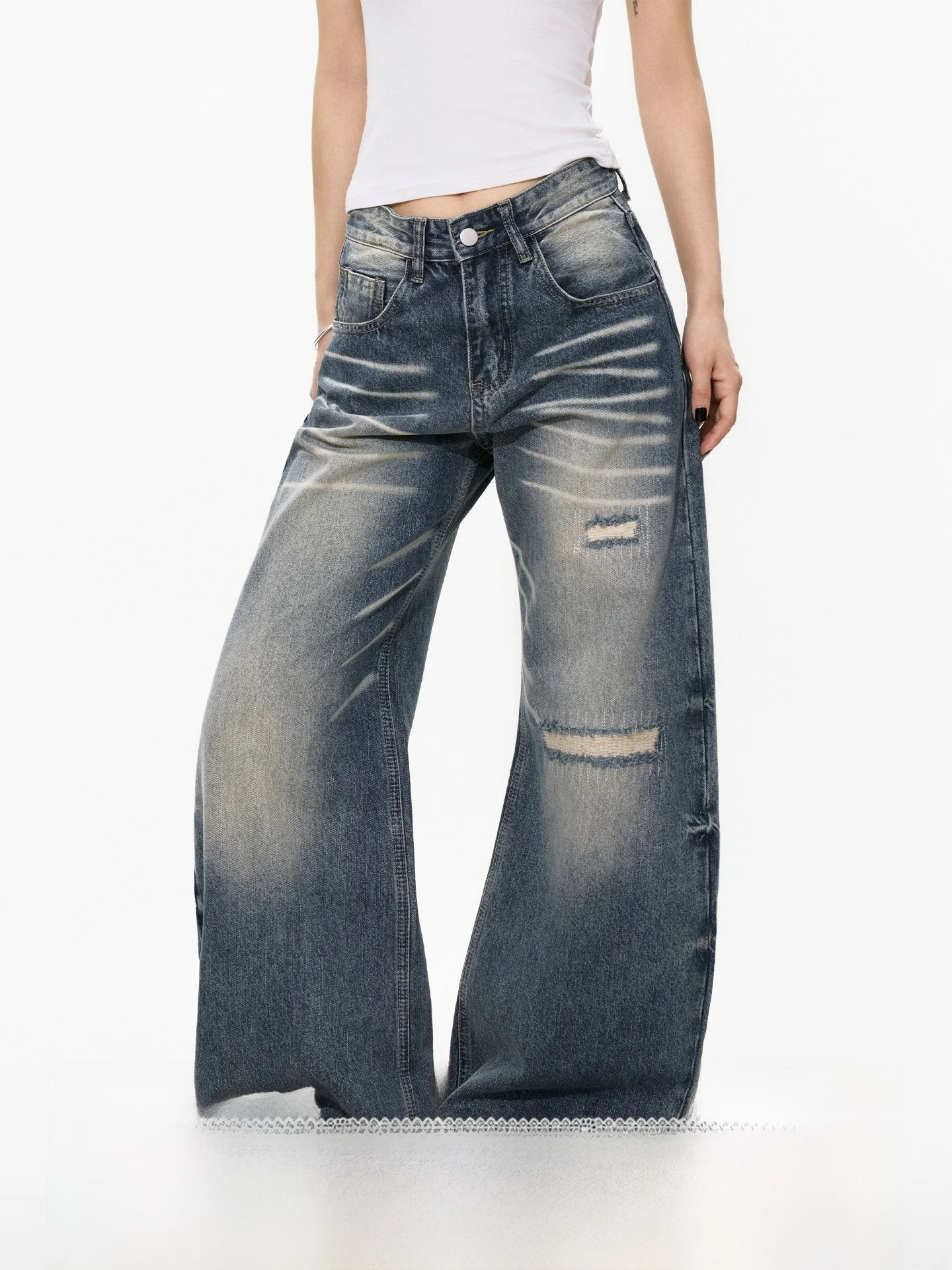 Retro American Washed Denim Jeans Men Women New Design Loose Wide Leg Straight Leg Torn Patchwork Blue Cotton Polyester
Retro American Washed Denim Jeans Men Women New Design Loose Wide Leg Straight Leg Torn Patchwork Blue Cotton Polyester