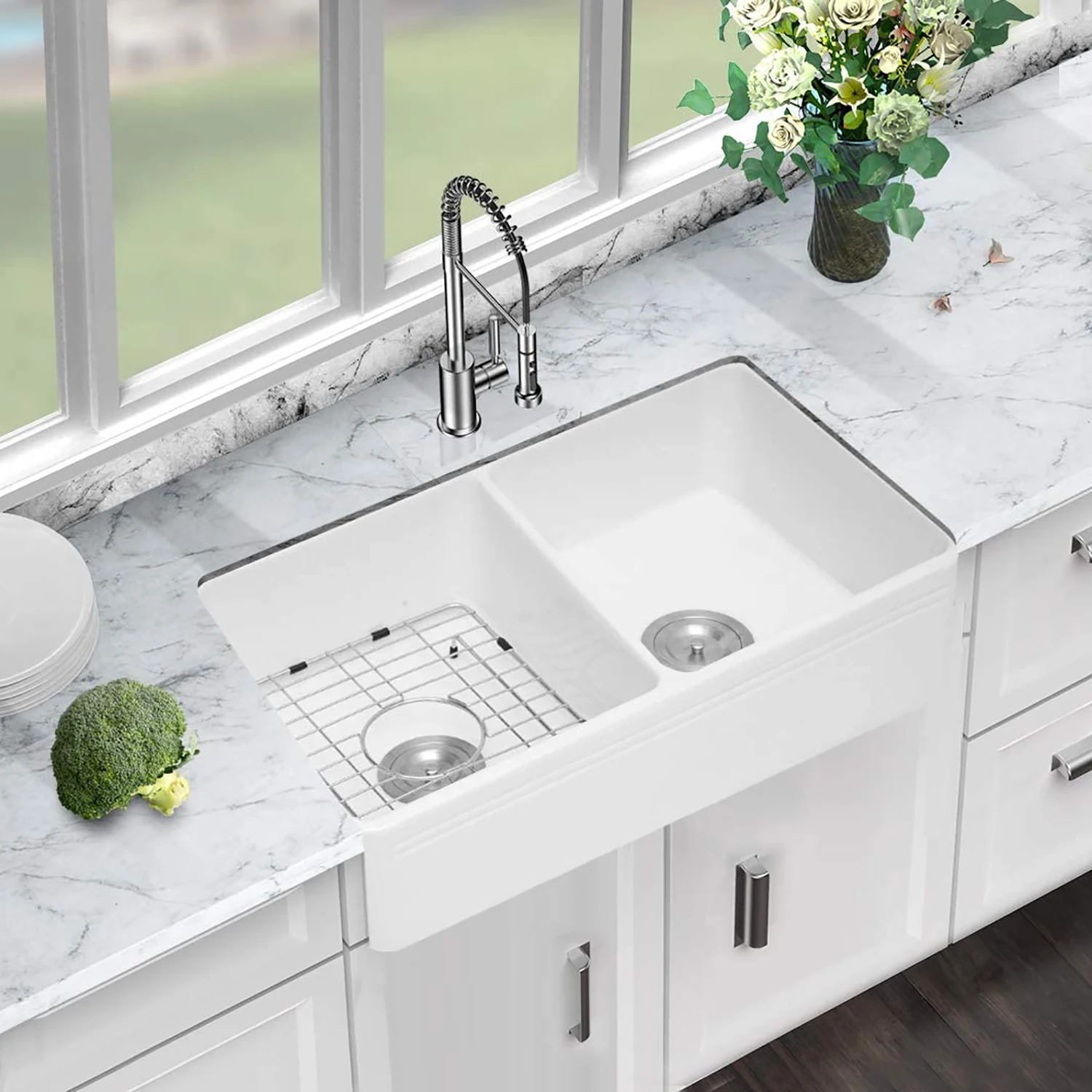 Ceramic White 33*18*10" Kitchen Double Basin Farmhouse Sink Rectangular Vessel Sink
Ceramic White 33*18*10" Kitchen Double Basin Farmhouse Sink Rectangular Vessel Sink