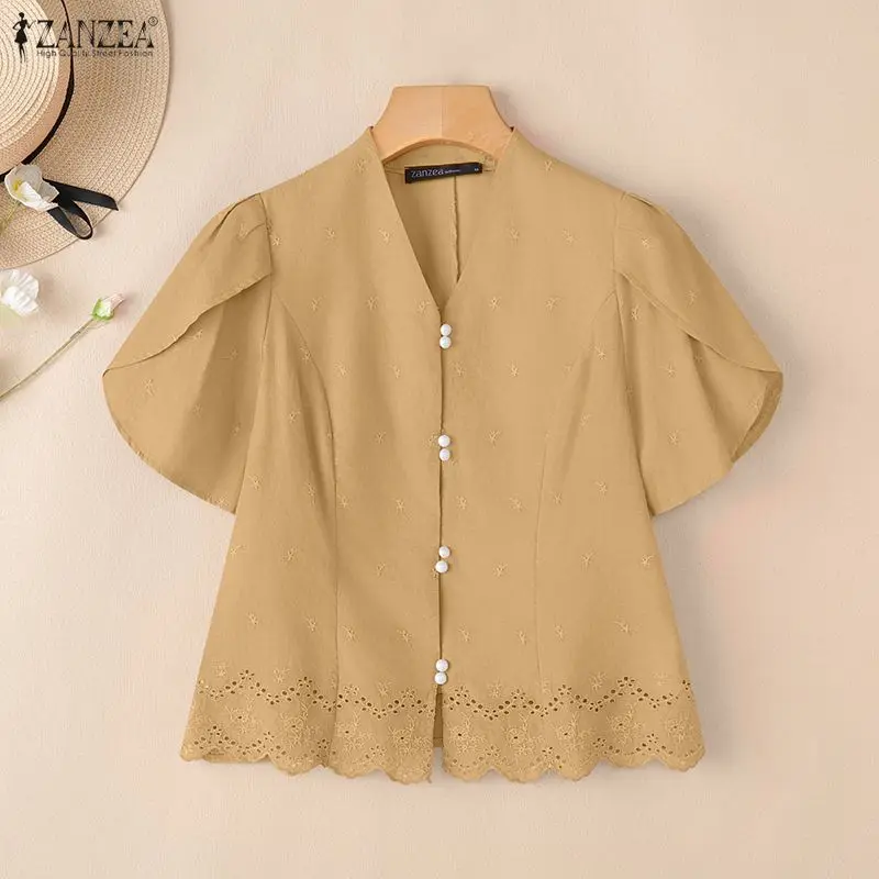 Летние женские блузки с вышивкой, элегантные повседневные топы с v-образным вырезом и короткими рукавами-лепестками, зубчатый подол, ZANZEA, женская одежда 3XL
Летние женские блузки с вышивкой, элегантные повседневные топы с v-образным вырезом и короткими рукавами-лепестками, зубчатый подол, ZANZEA, женская одежда 3XL
