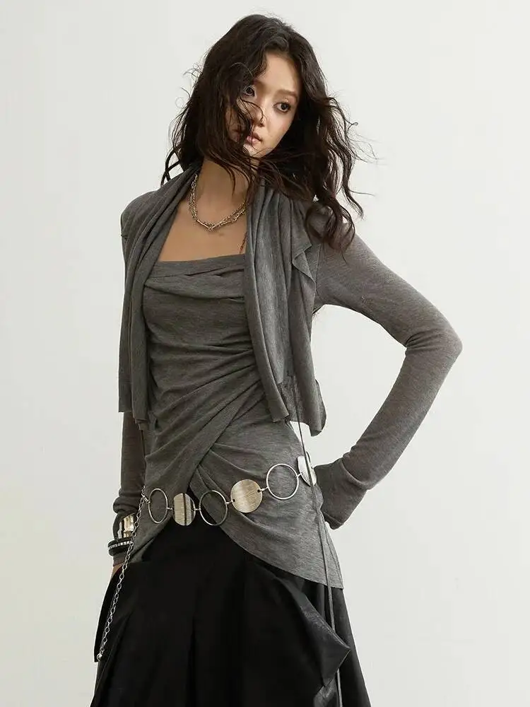 Gray Irregular Women Design Slim Elegant T-shirt New Pile Collar Long Sleeve Fashion Spring Autumn 2026 PWLJ
Gray Irregular Women Design Slim Elegant T-shirt New Pile Collar Long Sleeve Fashion Spring Autumn 2026 PWLJ