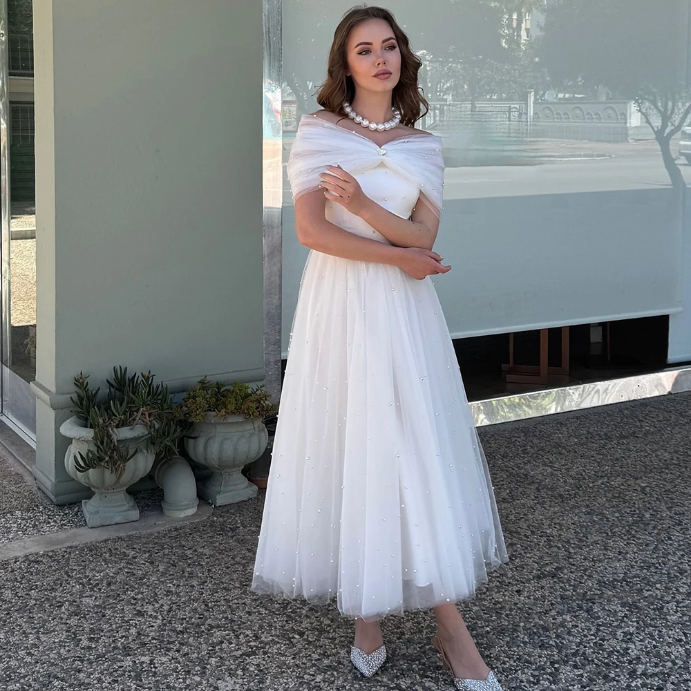 Customized Off the Shoulder Tulle Draped Evening Dress Sleeveless With Pearls Party Dress Ankle Length A-line Prom Party Gown
Customized Off the Shoulder Tulle Draped Evening Dress Sleeveless With Pearls Party Dress Ankle Length A-line Prom Party Gown