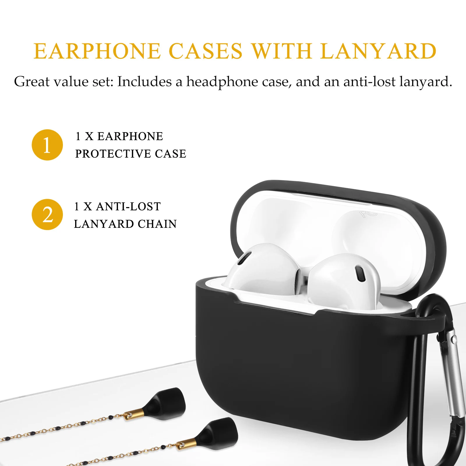 Black Earphone Case for with Lanyard Chain Metal Carabiner Protective Silicone Cover Anti-Lost Necklace Portable
Black Earphone Case for with Lanyard Chain Metal Carabiner Protective Silicone Cover Anti-Lost Necklace Portable