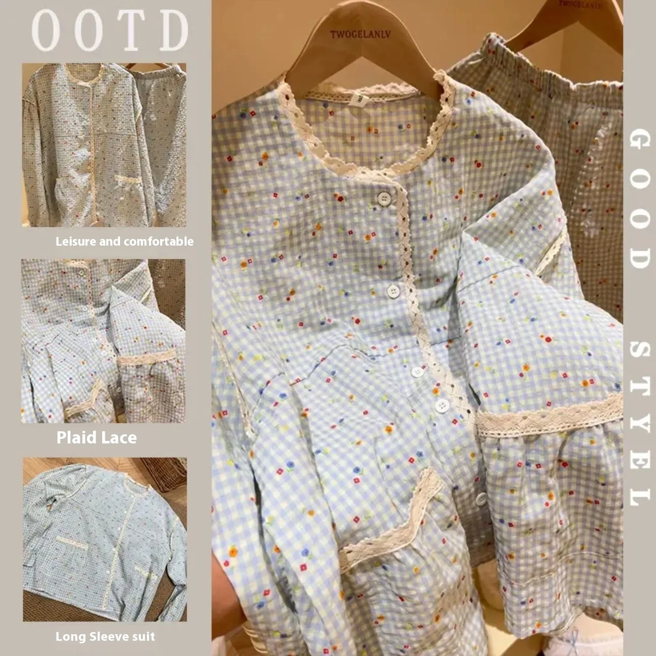 College Style Pajamas Female Spring and Fall New Sweet Simple Plaid Lace Lace Round Neck Long-Sleeved Pajamas Homewear Set
College Style Pajamas Female Spring and Fall New Sweet Simple Plaid Lace Lace Round Neck Long-Sleeved Pajamas Homewear Set