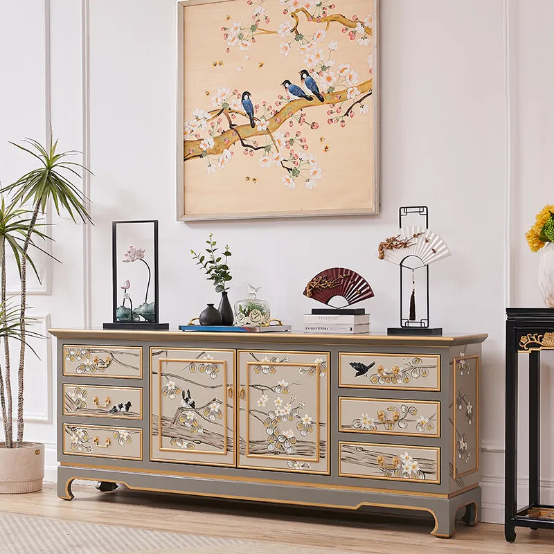 New Chinese style hand-painted floral and bird living room, champagne gray solid wood entryway side storage cabinet
New Chinese style hand-painted floral and bird living room, champagne gray solid wood entryway side storage cabinet