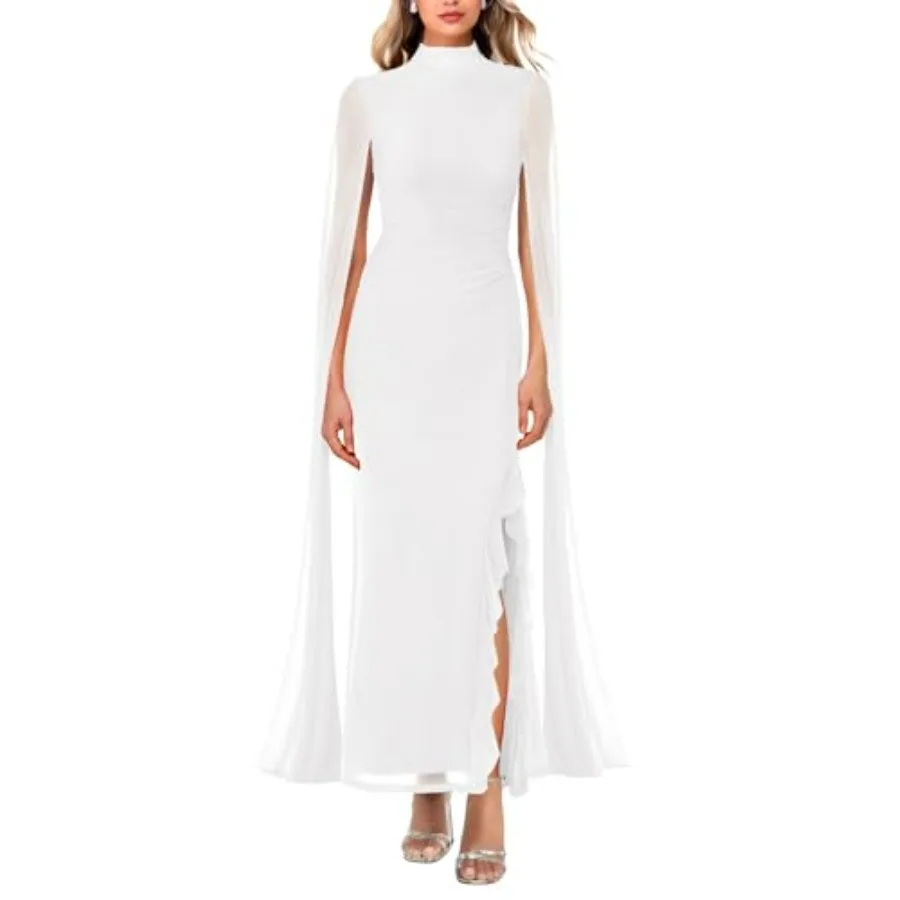 Aisbei Women's Elegant Mock Neck Slit Ruffle Bodycon Maxi Dress Evening Gowns Party Formal Wedding Guest Dresses with Cape
Aisbei Women's Elegant Mock Neck Slit Ruffle Bodycon Maxi Dress Evening Gowns Party Formal Wedding Guest Dresses with Cape