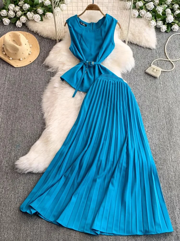 Retro Solid Blue Pleated Dress Sets 3 Piece Sets Comfortable Summer Elegant Women Office Lady Matching Outfits Tank Top Skirts
Retro Solid Blue Pleated Dress Sets 3 Piece Sets Comfortable Summer Elegant Women Office Lady Matching Outfits Tank Top Skirts