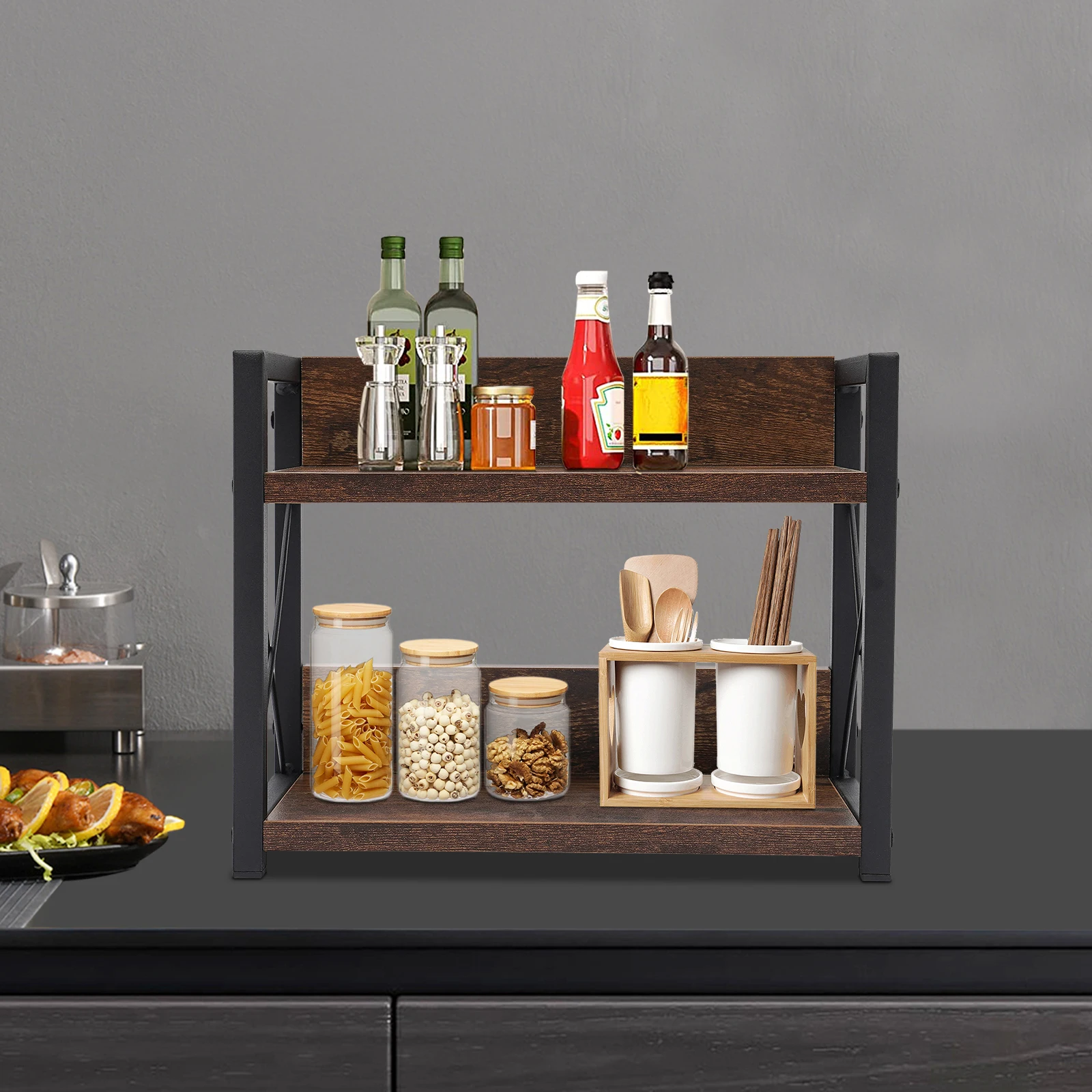 Kitchen Shelf Organizer 2-Tier MDF & Iron Rack, 66lbs Capacity, 11.8x6.2in Platforms for Spice Bottles, Cookware
Kitchen Shelf Organizer 2-Tier MDF & Iron Rack, 66lbs Capacity, 11.8x6.2in Platforms for Spice Bottles, Cookware