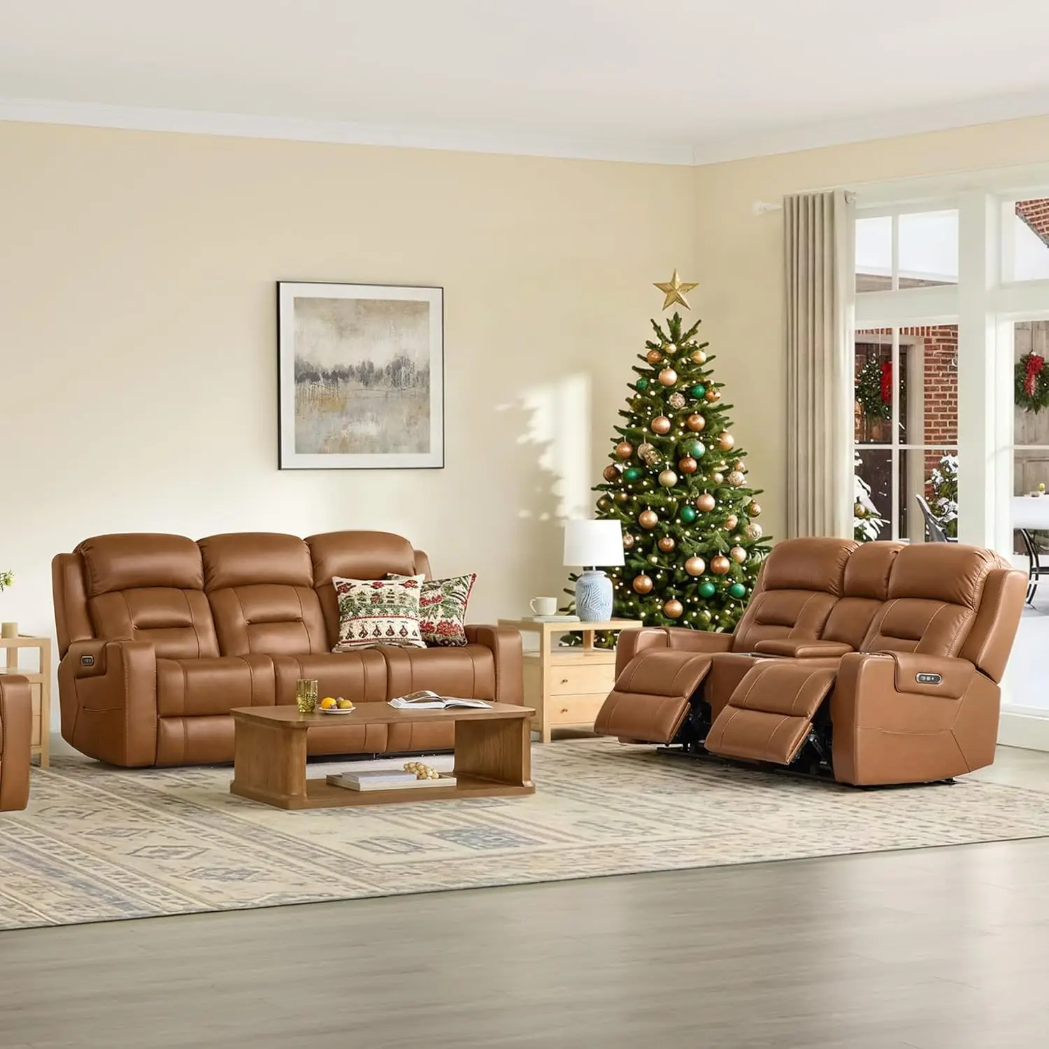 Leather Power Loveseat and Recliner Sofa Set, Lay Flat Reclining Couch with Console, Power Headrest, USB & Wireless Char
Leather Power Loveseat and Recliner Sofa Set, Lay Flat Reclining Couch with Console, Power Headrest, USB & Wireless Char