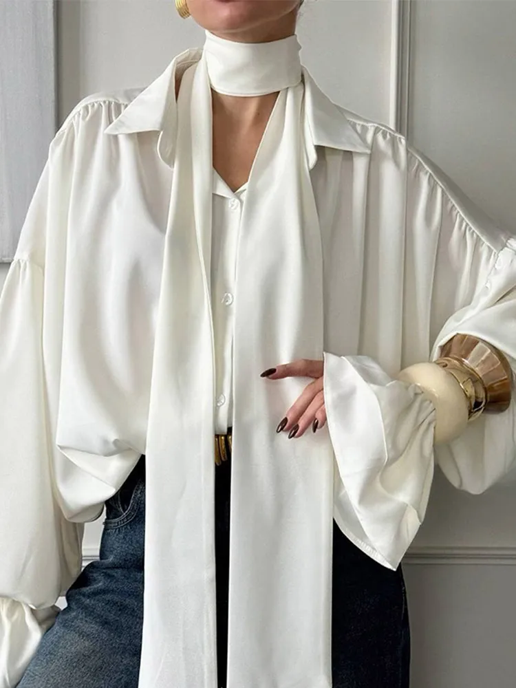 White Scarf Neck Flared Sleeves Blouse Elegant Women Solid Color Full Sleeve Top Clothing 2025 Summer Chic Lady Beach Holiday
White Scarf Neck Flared Sleeves Blouse Elegant Women Solid Color Full Sleeve Top Clothing 2025 Summer Chic Lady Beach Holiday