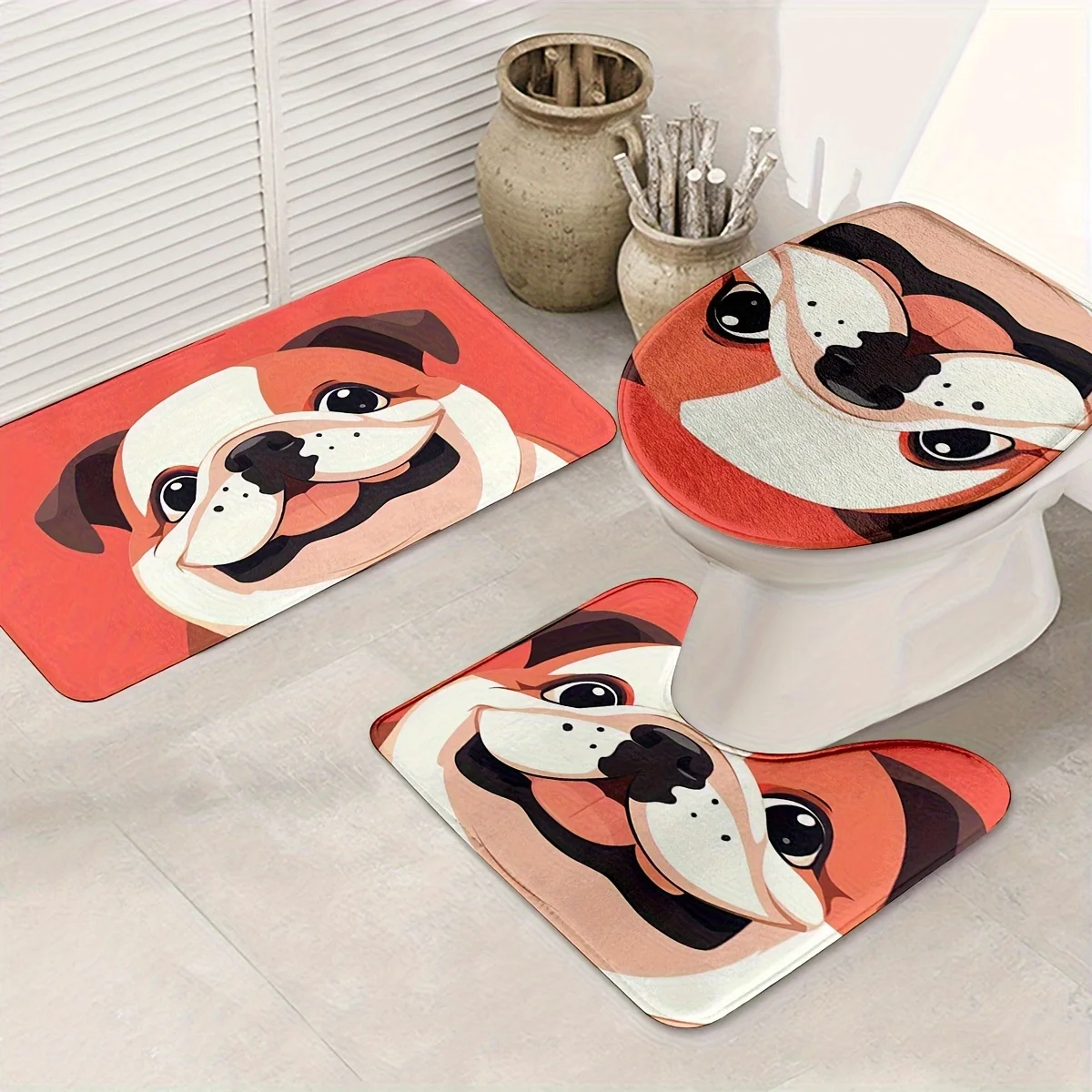 Набор из 3 предметов с милыми собачьими принтами, U-образными ковриками, нескользящими ковриками, чехлами на сиденья унитаза, подходит для украшения ванной комнаты.
Набор из 3 предметов с милыми собачьими принтами, U-образными ковриками, нескользящими ковриками, чехлами на сиденья унитаза, подходит для украшения ванной комнаты.