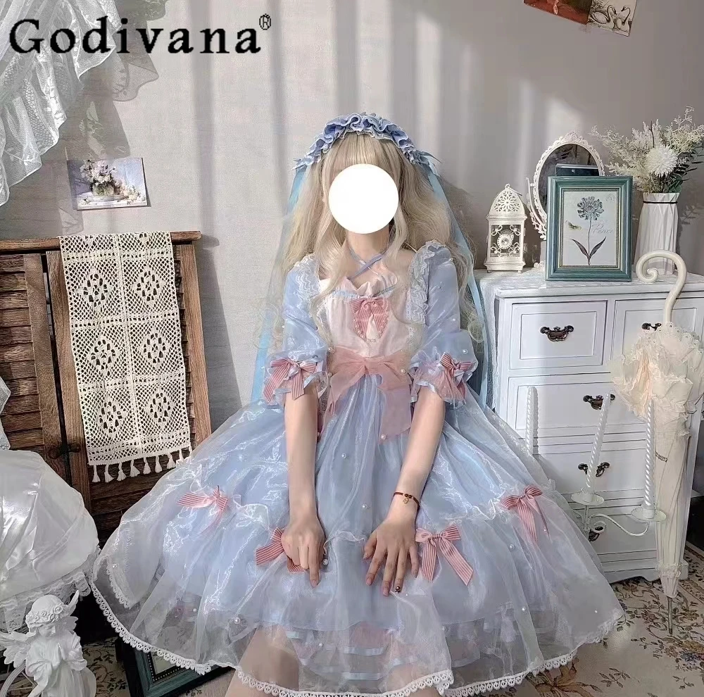 Summer Fashion Girly Harajuku Cute Princess Dress Japanese Bow Pearl Lace Ruffles Lolita Dresses Women Slim-Fit Party Dresses
Summer Fashion Girly Harajuku Cute Princess Dress Japanese Bow Pearl Lace Ruffles Lolita Dresses Women Slim-Fit Party Dresses