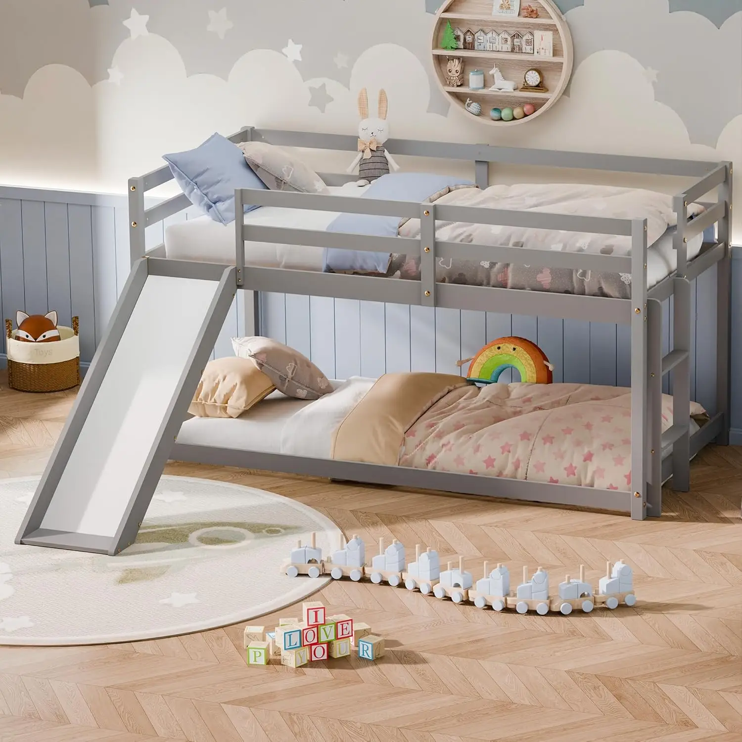 Kids Twin Loft Bed with Slide and Ladder, Solid Pine Wood Bunk Bed Frame for Toddlers, Floor Loft Low Bunk Bed Twin Over Twin wi
Kids Twin Loft Bed with Slide and Ladder, Solid Pine Wood Bunk Bed Frame for Toddlers, Floor Loft Low Bunk Bed Twin Over Twin wi