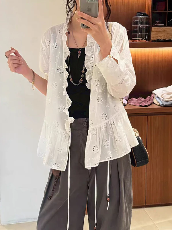 French Style Floral Lace Trim V-Neck Hollow out Side Tie Top Thin Outerwear Cotton Long Sleeve Mid-Length Shirt for Women
French Style Floral Lace Trim V-Neck Hollow out Side Tie Top Thin Outerwear Cotton Long Sleeve Mid-Length Shirt for Women
